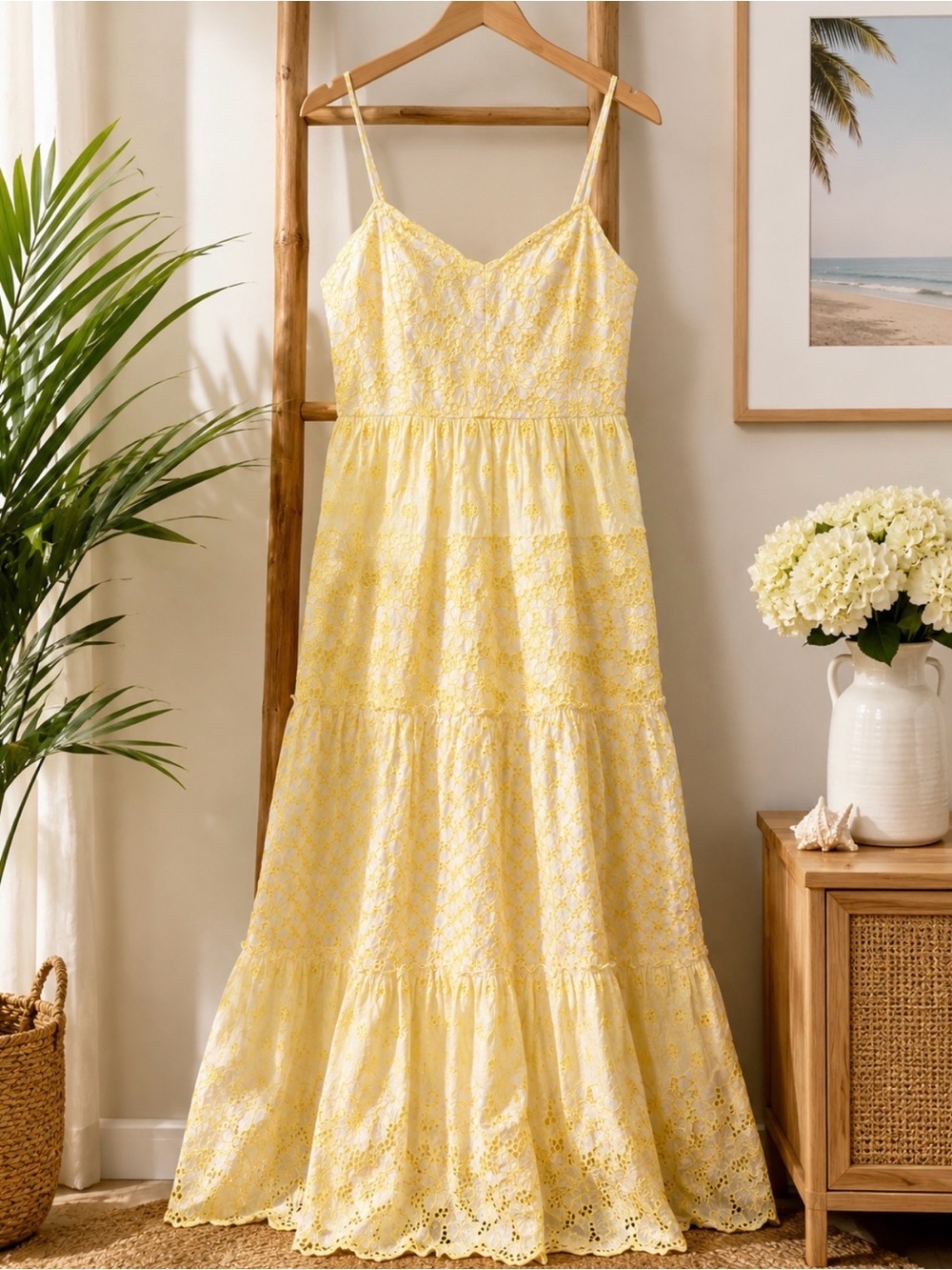 Lilly Pulitzer Kayla Maxi Dress Yellow White Floral Eyelet Tiered Sz 12 P2P 19’